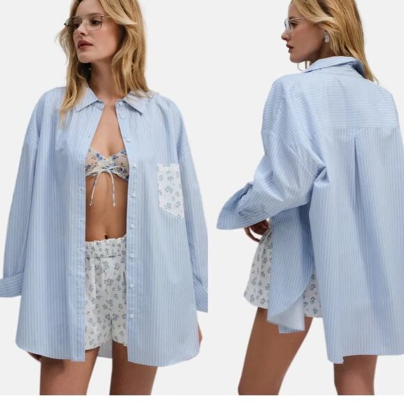 NWT FOR LOVE AND LEMONS TAMREN BLUE STRIPE BUTTON UP SHIRT TOP #4 SIZE S - Picture 1 of 7